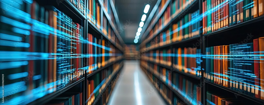 Poster bookshelves lined with colorful books in a modern library setting.