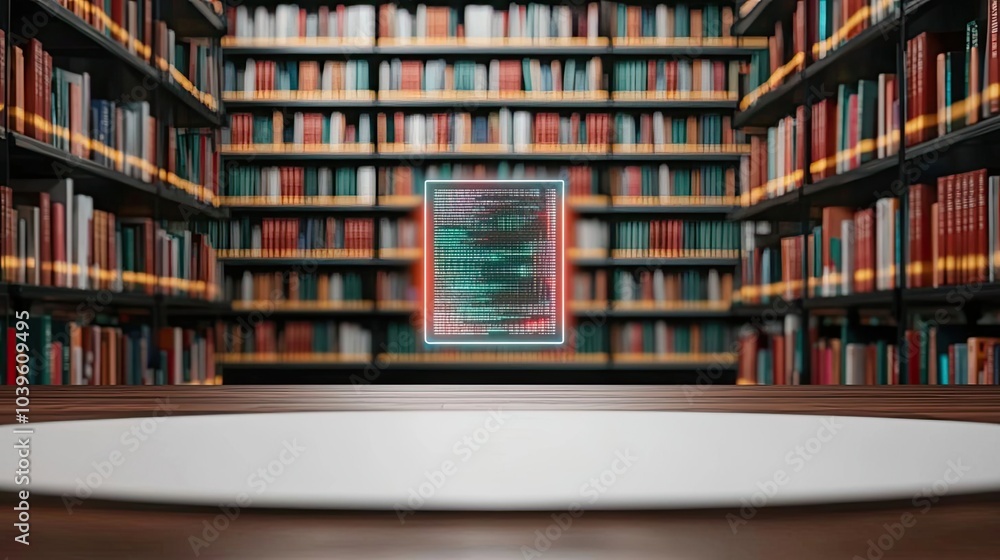 Poster A modern library with floating book display against wooden table, white isolate background.