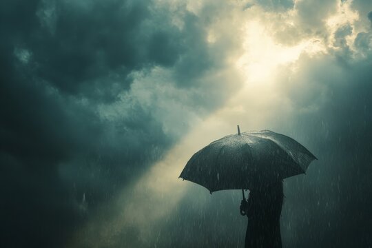 A person with an umbrella stands in a mysterious ambiance, surrounded by stormy clouds and rainfall, light breaking through as a symbol of hope and resilience.
