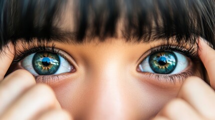 Naklejka premium A tight shot of a child's expressive blue eye, framed by long black hair, and adorned with blue contact lenses