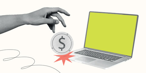 Contemporary Halftone Collage Hand for investments concept, marketing, trading. Online Stock banner with finance elements, coins, money. Vertical invest or business poster. Vector illustration.
