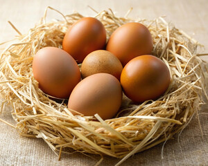 Brown Chicken Eggs Nestled in Dried Hay