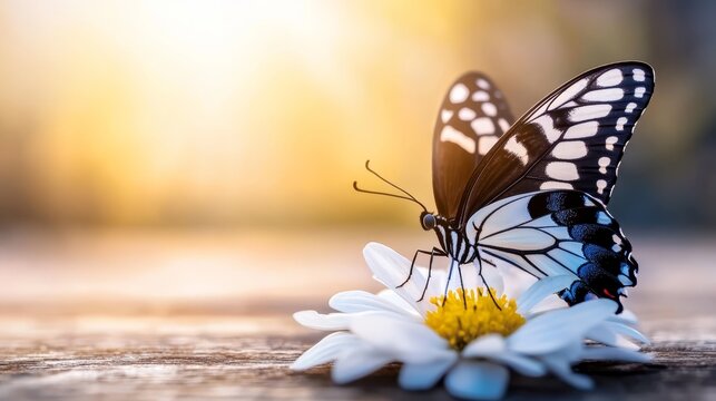  A black-and-white butterfly perches on a white flower with a yellow center; its wing bears a yellow mark