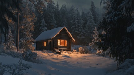 A cozy cabin nestled in a snow-covered forest, warm light glowing from the windows