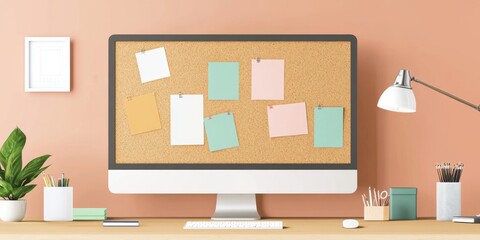 A simple corkboard for your office, perfect for displaying notes, reminders, and important information. The design features sheets of paper and colorful stickers.