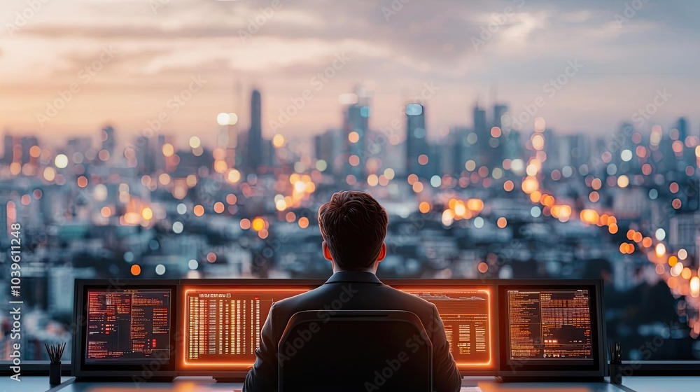 Poster person working at a computer with city skyline during sunset in the background.