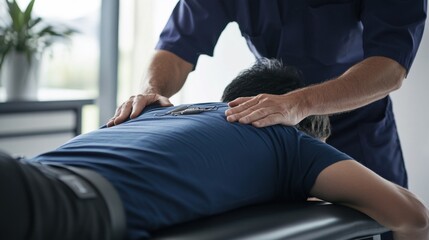 A chiropractor performing a spinal adjustment on a patient using a chiropractic table in a well-organized clinic, with anatomical diagrams and therapeutic tools visible, Therapeutic style