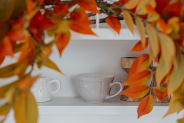 Fall decorations featuring colorful leaves framing ceramic cups on a shelf