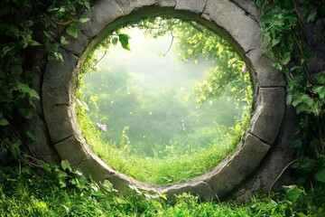 A round stone framed window opening into a lush green garden symbolizing the connection between nature and architecture peaceful landscapes and environmental design in garden spaces