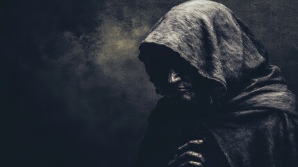 A cloaked figure stands in shadow, exuding a mysterious and somber aura, evoking themes of darkness and contemplation.