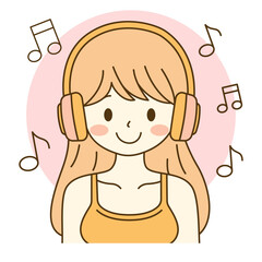 Cute Beautiful Girl Cartoon Character Listening Music Using Headphone