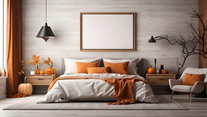 Modern minimalist wall art mockup of bed room for Halloween, blank frame for wall art mockup of bed room, Halloween and Christmas spooky scary vibes of the room interior design