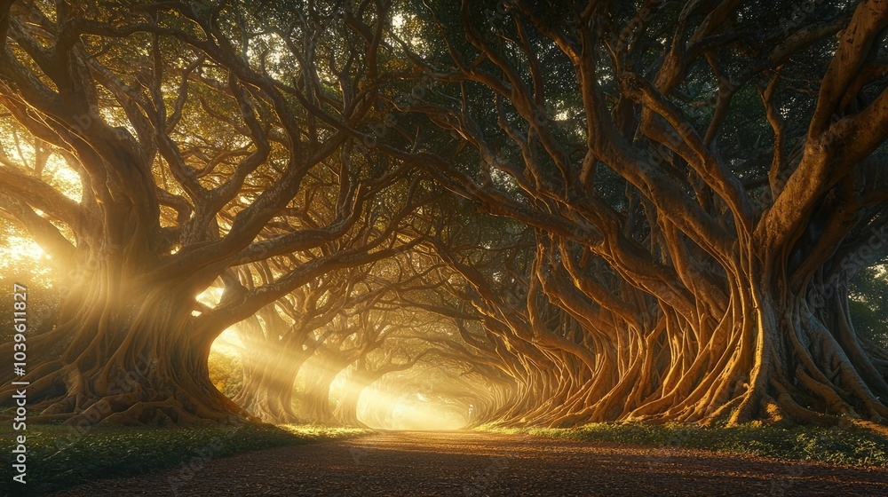 Poster Enchanting tree-lined path illuminated by soft sunlight beams.