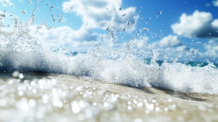 Obraz premium A close-up of a wave in the ocean with a blue sky and clouds in the background