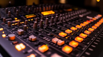 Fototapeta premium Studio Aesthetics, Soundboard Close-up,Mixing Console Detail: Faders and Knobs. Concept of music production, sound engineering, DJing, live performance, creative technology.
