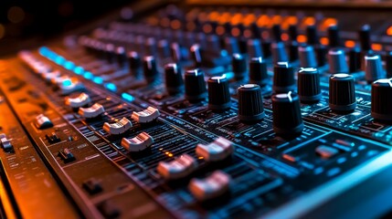 Studio Aesthetics, Soundboard Close-up,Mixing Console Detail: Faders and Knobs. Concept of music production, sound engineering, DJing, live performance, creative technology.