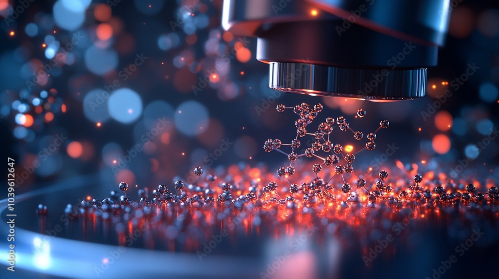 Poster a futuristic microscopic view of a molecule under examination with red and blue lighting.