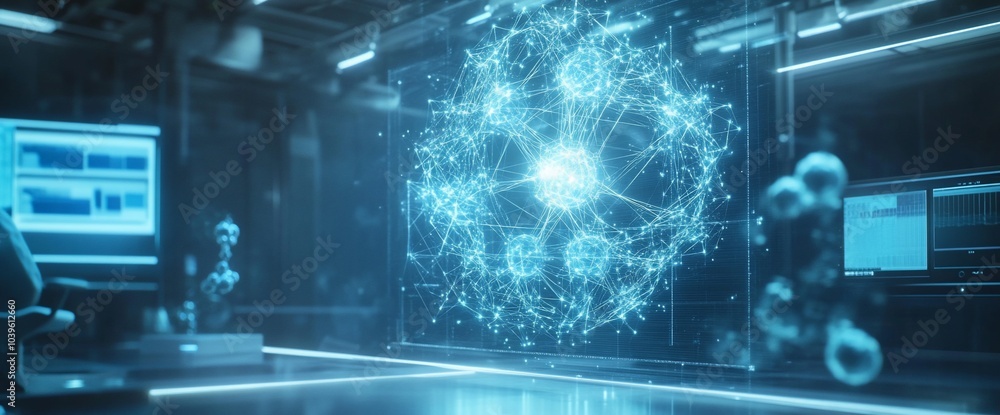 Poster A futuristic laboratory with a glowing blue sphere representing data and a computer monitor in the background.