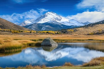 view of a lake with trees and snow-capped mountains in the background. Beautiful simple AI generated image