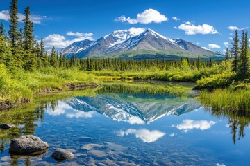Fototapeta premium Tranquil lake with green grass and trees, and mountain scenery in summer under a blue sky. Looping time-lapse video.. Beautiful simple AI generated image