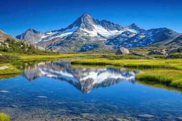 Tranquil lake with green grass and trees, and mountain scenery in summer under a blue sky. Looping time-lapse video.. Beautiful simple AI generated image