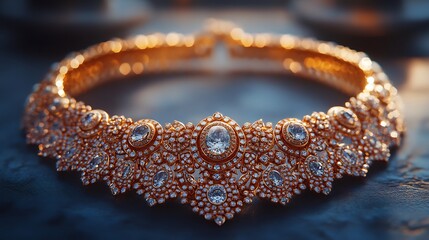 Luxurious 3D gold necklace shimmering stones paired with intricately designed earrings set on a matte minimalistic background to emphasize the elegance of the jewelry design