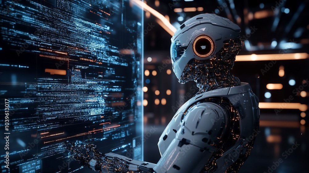 Poster a futuristic robot in a dark room, examining a screen of digital code, with bright blue and orange l