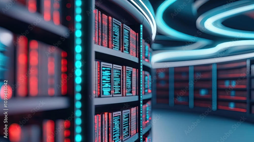 Poster futuristic data center with glowing shelves and digital data lights.