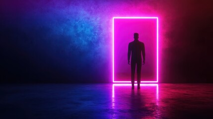 Obraz premium A silhouette stands before a glowing neon doorway, surrounded by colorful mist, creating a mysterious and atmospheric scene.