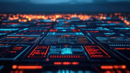 Futuristic digital interface with glowing blue and red elements, dark background.