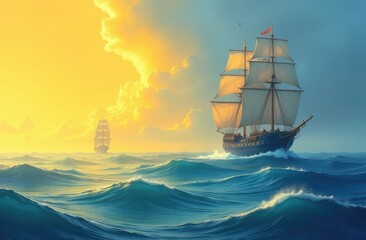 A ship at sea at sunset
