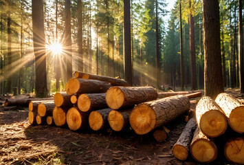 Cut wood logs stacked in a forest. 