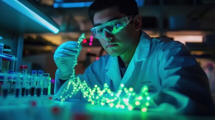 A breakthrough in genetic engineering, where researchers are modifying DNA using advanced technology in a state-of-the-art lab filled with glowing molecular models and innovative tools