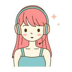 Obraz premium Cute Beautiful Girl Cartoon Character Listening Music Using Headset