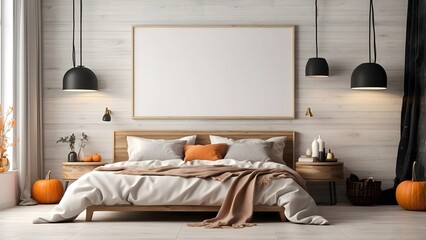 Modern minimalist wall art mockup of bed room for Halloween, blank frame for wall art mockup of bed room, Halloween and Christmas spooky scary vibes of the room interior design
