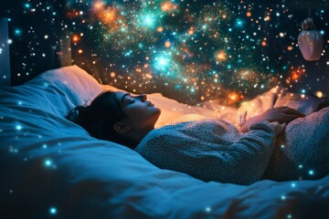 A woman lies on her bed, dreaming peacefully amid a cosmos filled with stars and galaxies, illustrating a connection between dreams and the universe in tranquil harmony.