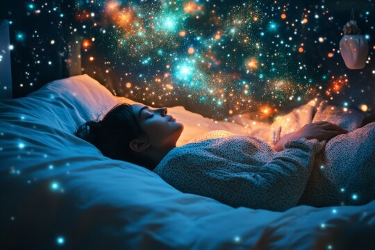 A woman lies on her bed, dreaming peacefully amid a cosmos filled with stars and galaxies, illustrating a connection between dreams and the universe in tranquil harmony.