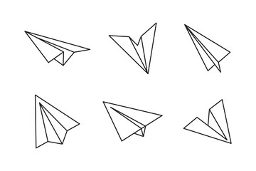 Hand drawn doodle paper plane set. isolated planes flight path. Line airplane icon travel, route.