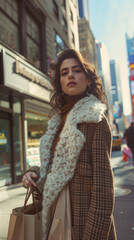 Fototapeta premium Stylish woman is walking down a busy city street holding shopping bags