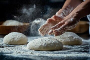 Flour-covered hands skillfully knead soft dough balls on a work surface dusted with flour, creating a classic baking scene capturing the essence of home baking.