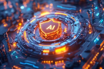 A chip set with Ai inscription in the shape of a shield. small human figures on the chip set
