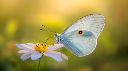  A blue butterfly sits atop a white flower Nearby, a yellow and white butterfly rests on the same white bloom