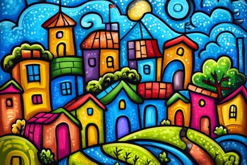 Playful colorful painting of a whimsical village with vibrant houses representing creative imagination joyful art and childlike wonder in a fun fantasy world