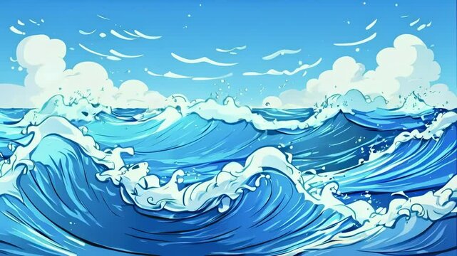 Cartoon Rustle of Waves in the Blue Ocean