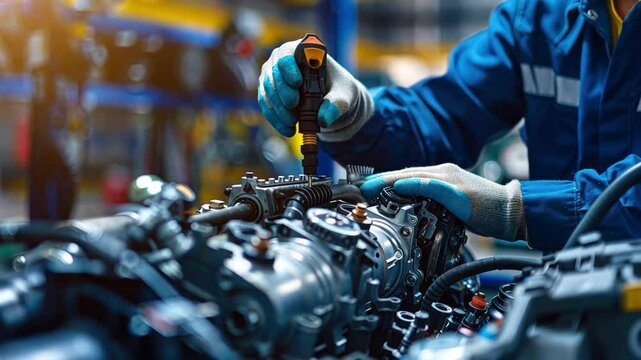 A mechanic is working on a car engine, wearing blue overalls and gloves.