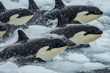 Fototapeta premium Five orcas navigate through icy waters as a coordinated group, showcasing their unity and social ties, emblematic of family bonds in the wild Antarctic seas.