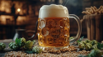 A glass of beer with hops and barley on a wooden table.