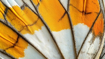 Delicate patterns of a butterfly wing showcasing vibrant shades of orange and white in intricate detail under soft natural light