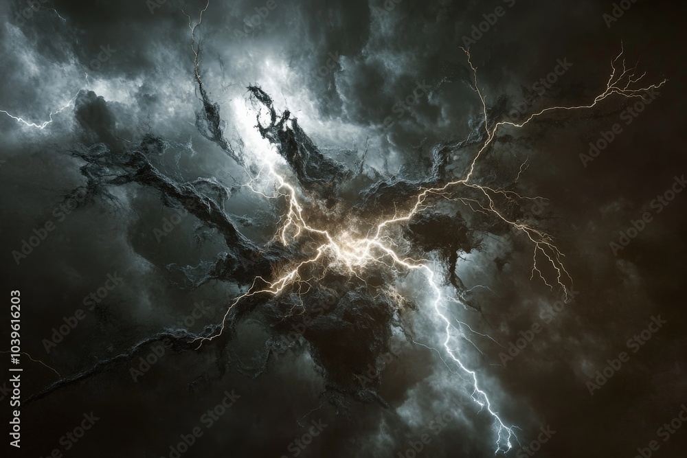 Poster a powerful lightning burst explodes across a turbulent night sky, creating a dramatic and captivatin
