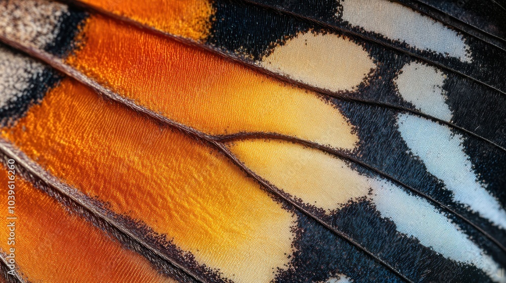 Poster exploring the intricate patterns and vibrant colors of a butterfly wing under natural light in a tra